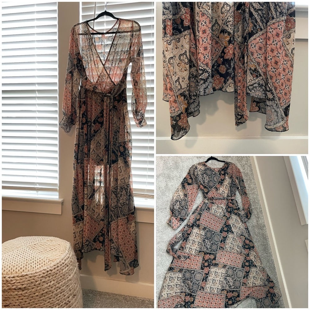 Indigo Rose Dress Womens XL Maxi V-Neck Faux Wrap Patchwork Prairie Boho Western